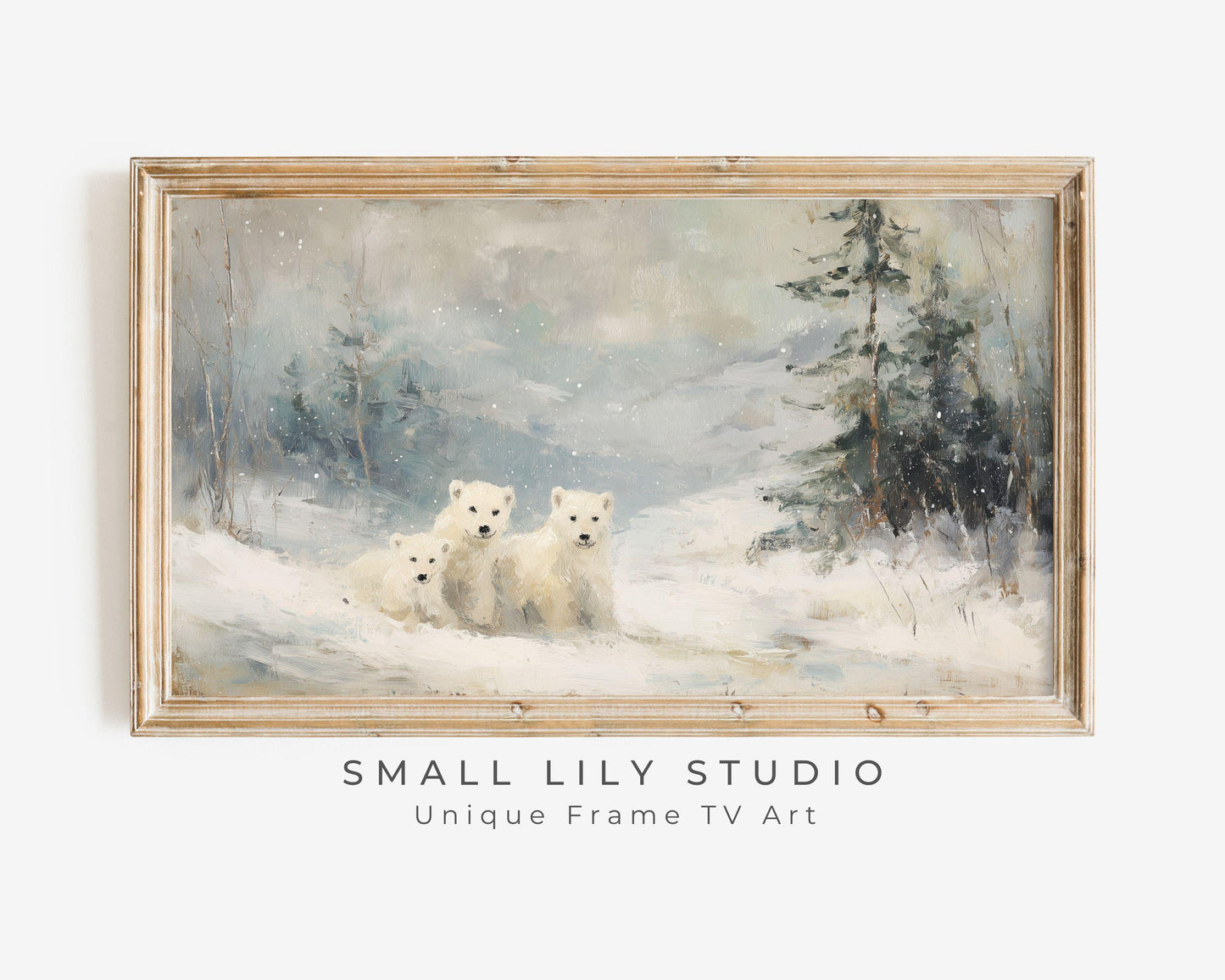 FRAME TV art Polar Bear Family, Samsung Frame TV art Winter Landscape, Vintage Style Painting Animals in Snow | TV1083
