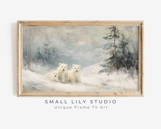 FRAME TV art Polar Bear Family, Samsung Frame TV art Winter Landscape, Vintage Style Painting Animals in Snow | TV1083