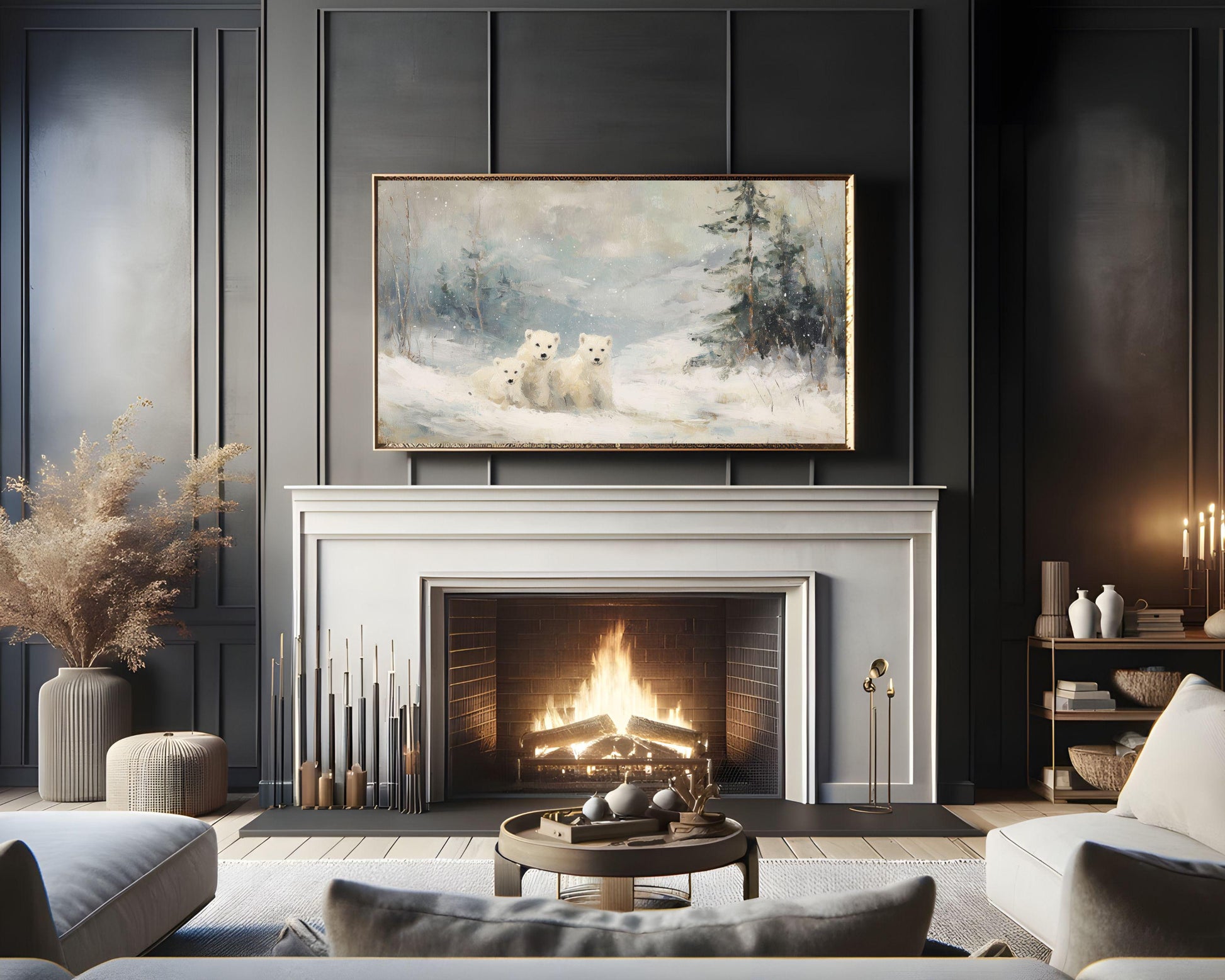 FRAME TV art Polar Bear Family, Samsung Frame TV art Winter Landscape, Vintage Style Painting Animals in Snow | TV1083