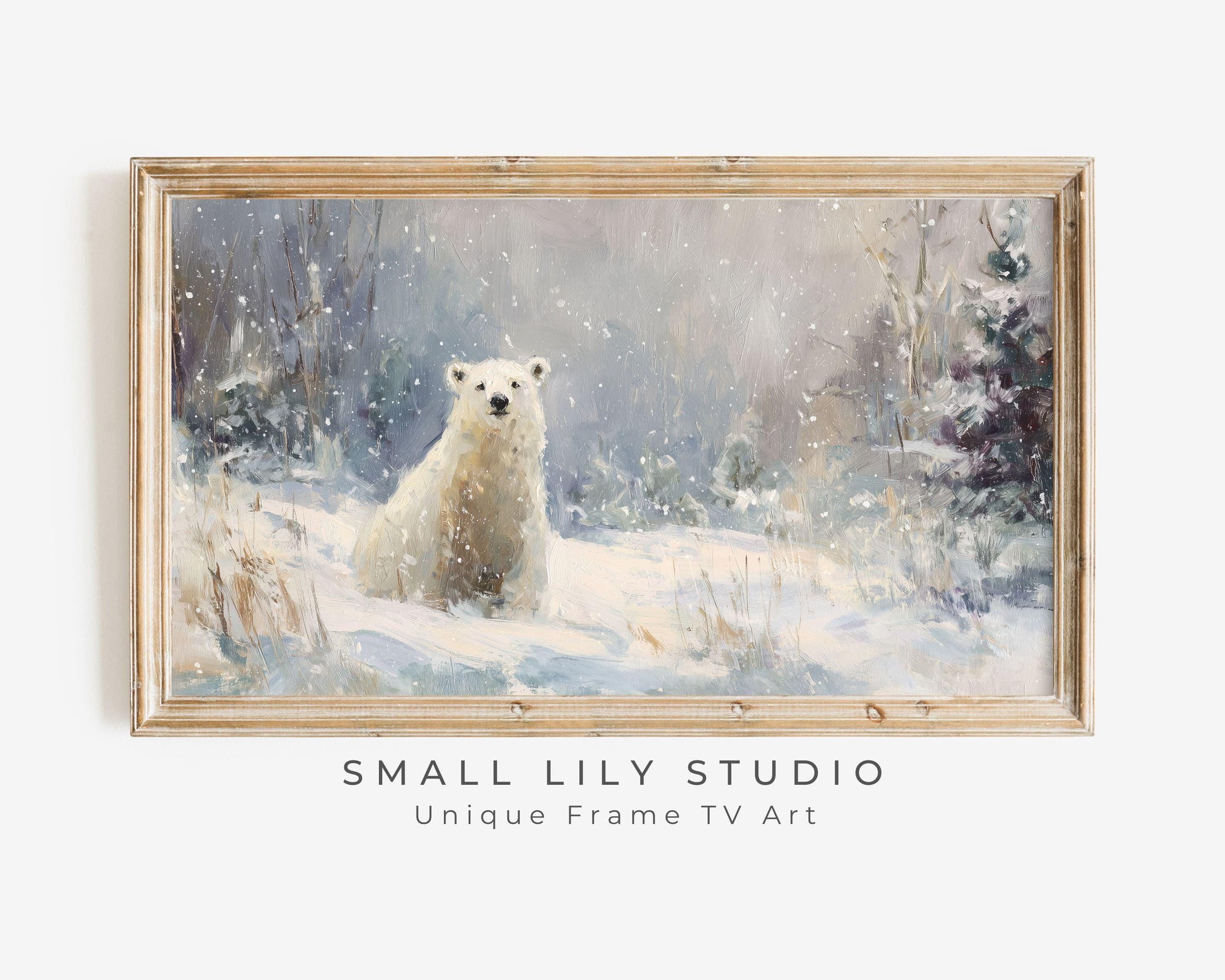FRAME TV art Polar Bear, Samsung Frame TV art Winter Landscape, Vintage Style Painting Cute Animal in Snow | TV1084