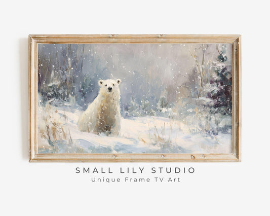 FRAME TV art Polar Bear, Samsung Frame TV art Winter Landscape, Vintage Style Painting Cute Animal in Snow | TV1084