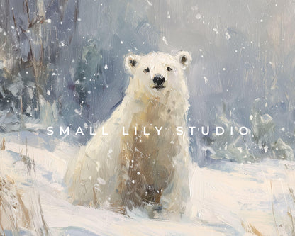 FRAME TV art Polar Bear, Samsung Frame TV art Winter Landscape, Vintage Style Painting Cute Animal in Snow | TV1084