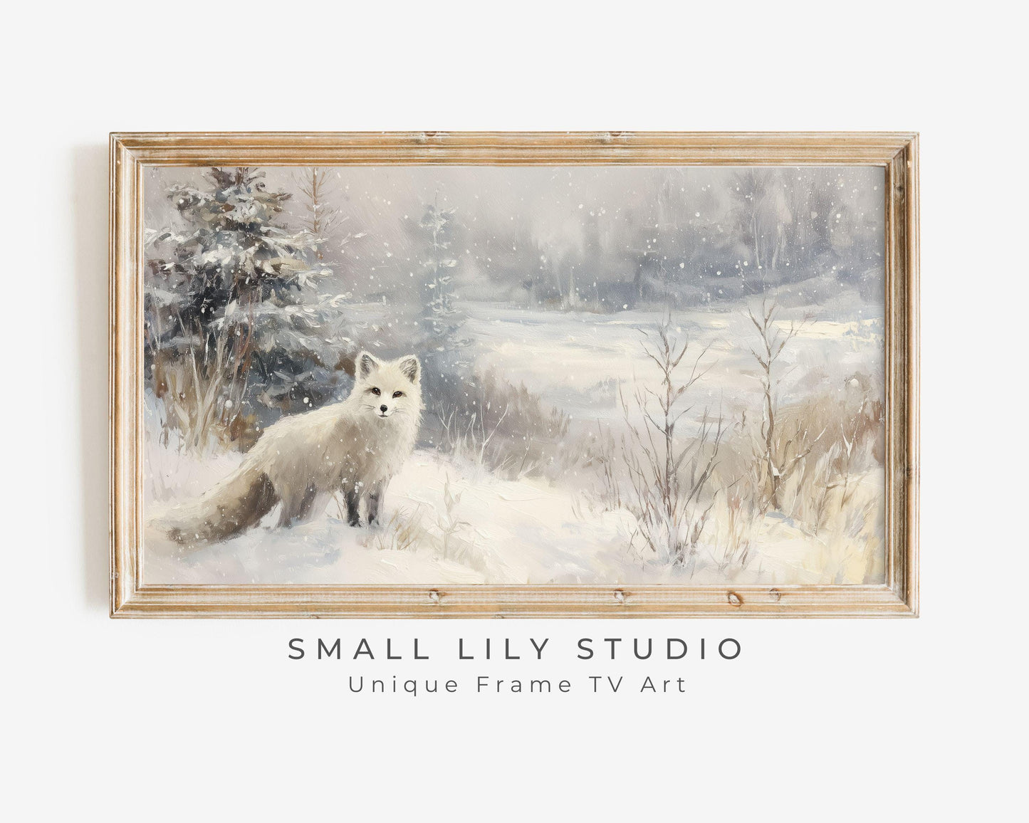 FRAME TV art Arctic Fox, Samsung Frame TV art Winter Landscape, Vintage Style Painting Cute Animal in Snow | TV1085