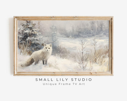 FRAME TV art Arctic Fox, Samsung Frame TV art Winter Landscape, Vintage Style Painting Cute Animal in Snow | TV1085