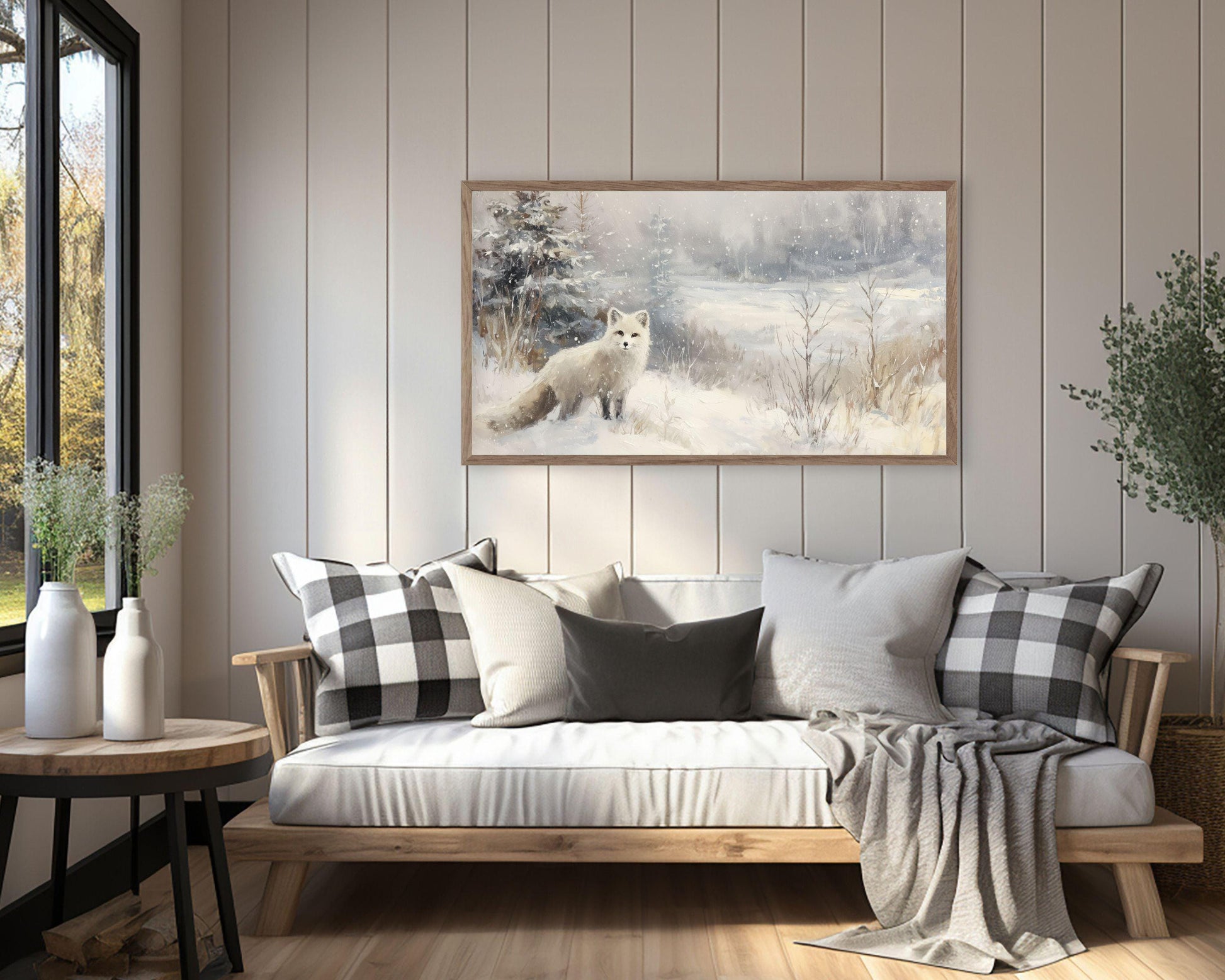 FRAME TV art Arctic Fox, Samsung Frame TV art Winter Landscape, Vintage Style Painting Cute Animal in Snow | TV1085