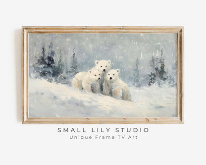 FRAME TV art Polar Bear Family, Samsung Frame TV art Winter Landscape, Vintage Style Painting Animals in Snow | TV1086