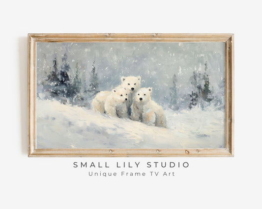 FRAME TV art Polar Bear Family, Samsung Frame TV art Winter Landscape, Vintage Style Painting Animals in Snow | TV1086