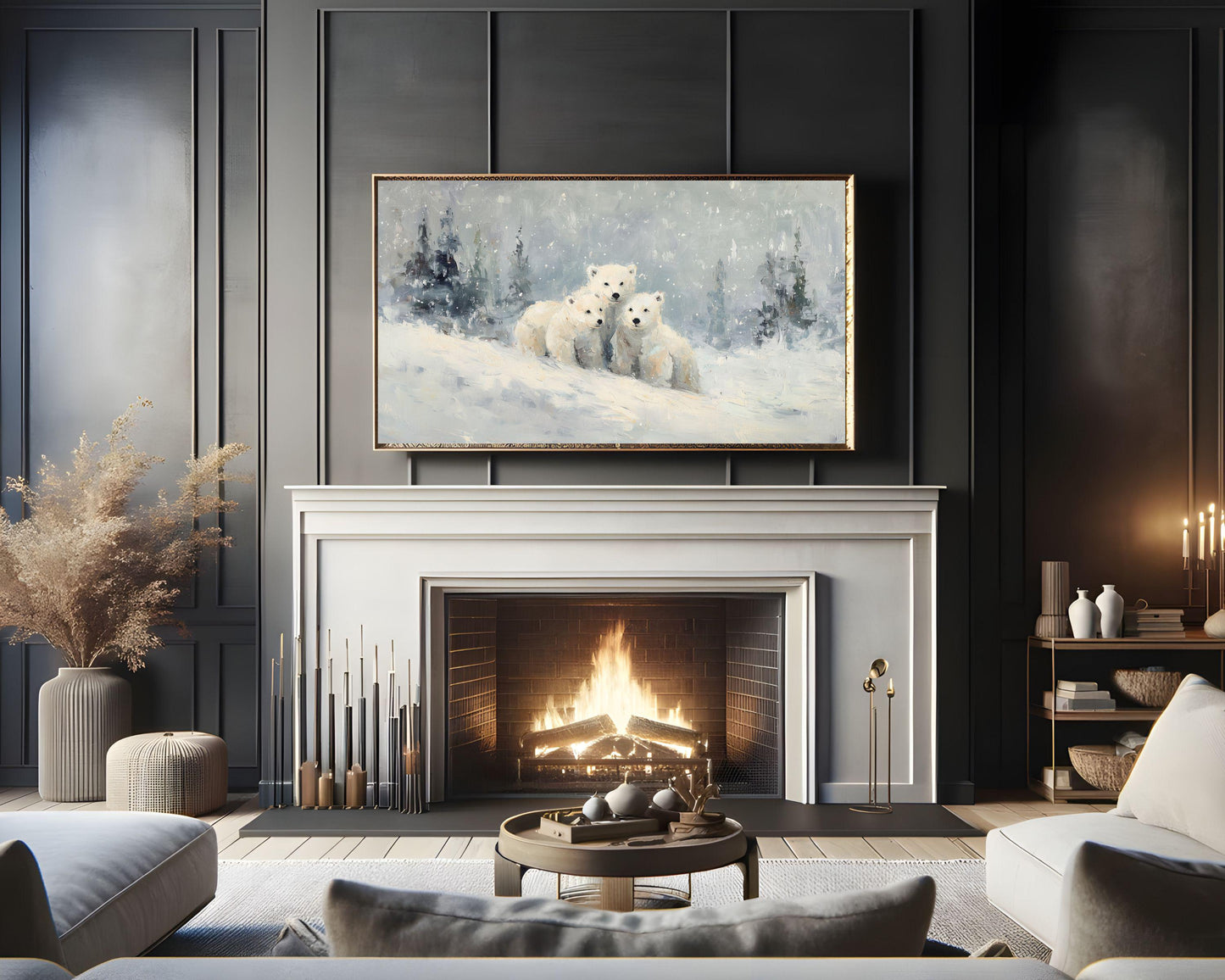 FRAME TV art Polar Bear Family, Samsung Frame TV art Winter Landscape, Vintage Style Painting Animals in Snow | TV1086