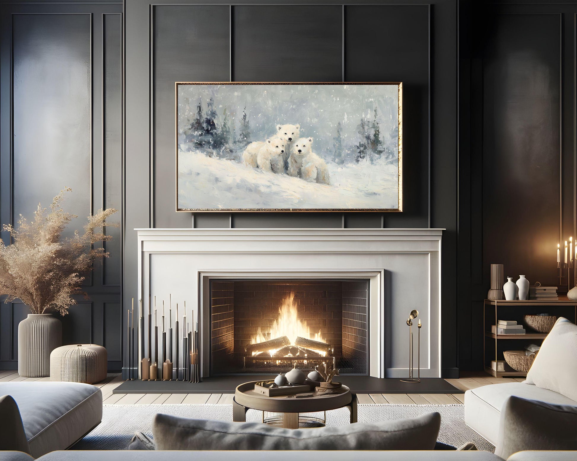 FRAME TV art Polar Bear Family, Samsung Frame TV art Winter Landscape, Vintage Style Painting Animals in Snow | TV1086