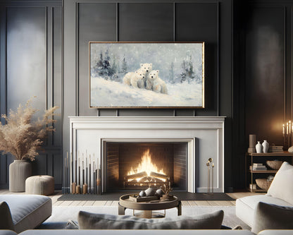 FRAME TV art Polar Bear Family, Samsung Frame TV art Winter Landscape, Vintage Style Painting Animals in Snow | TV1086