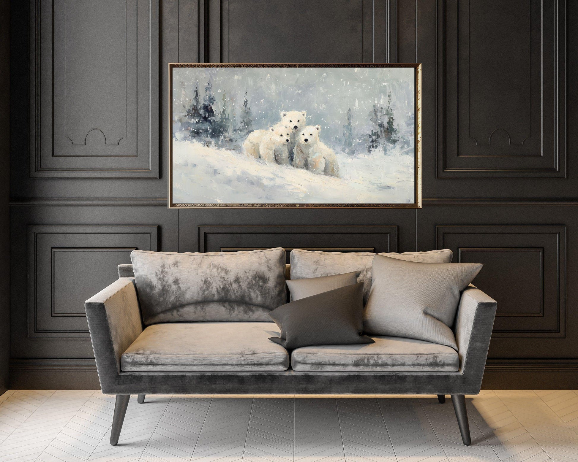 FRAME TV art Polar Bear Family, Samsung Frame TV art Winter Landscape, Vintage Style Painting Animals in Snow | TV1086