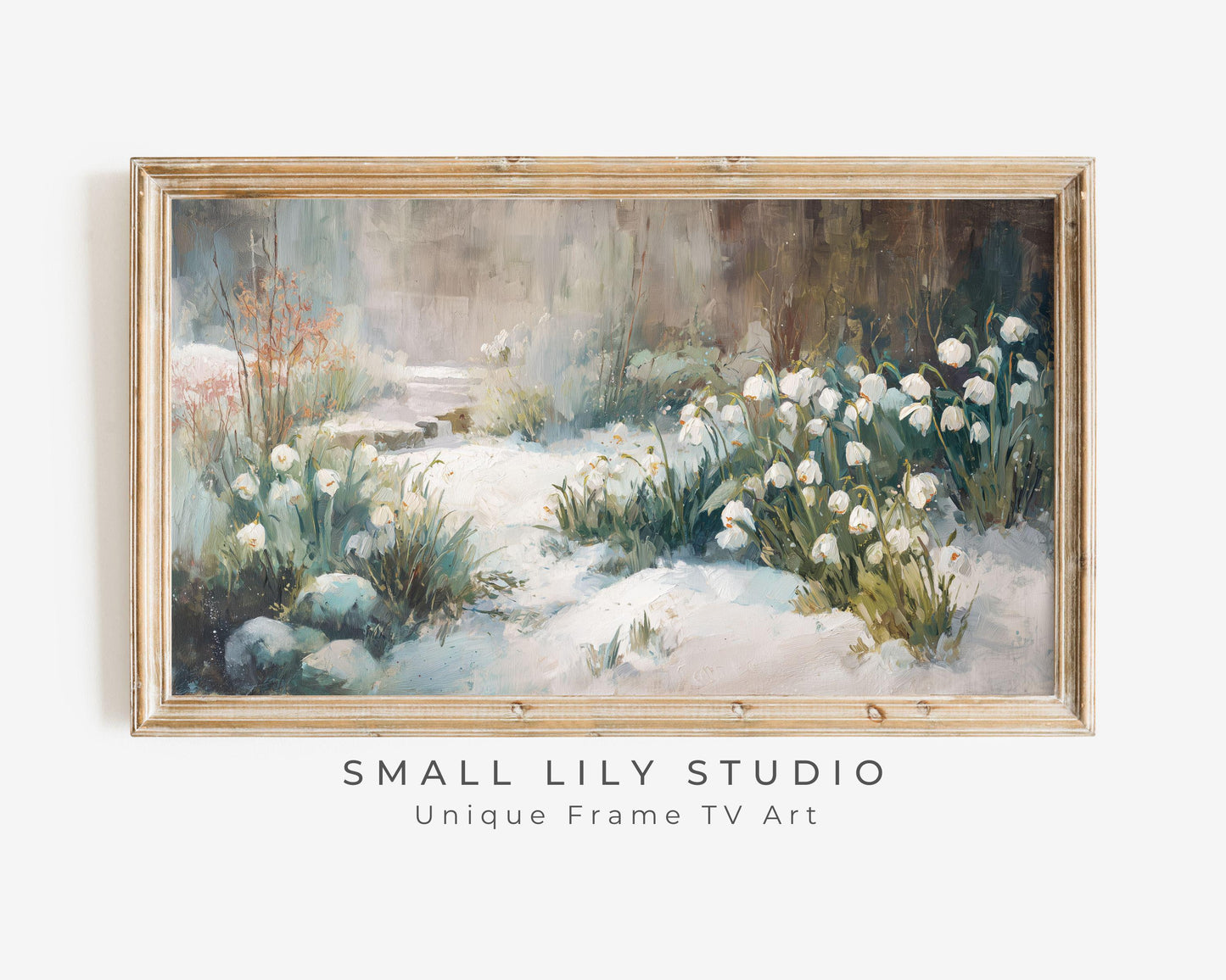 FRAME TV art Snow Drop Flowers, Samsung Frame TV art Winter Floral Landscape, Vintage Style Painting Garden in Snow | TV1087