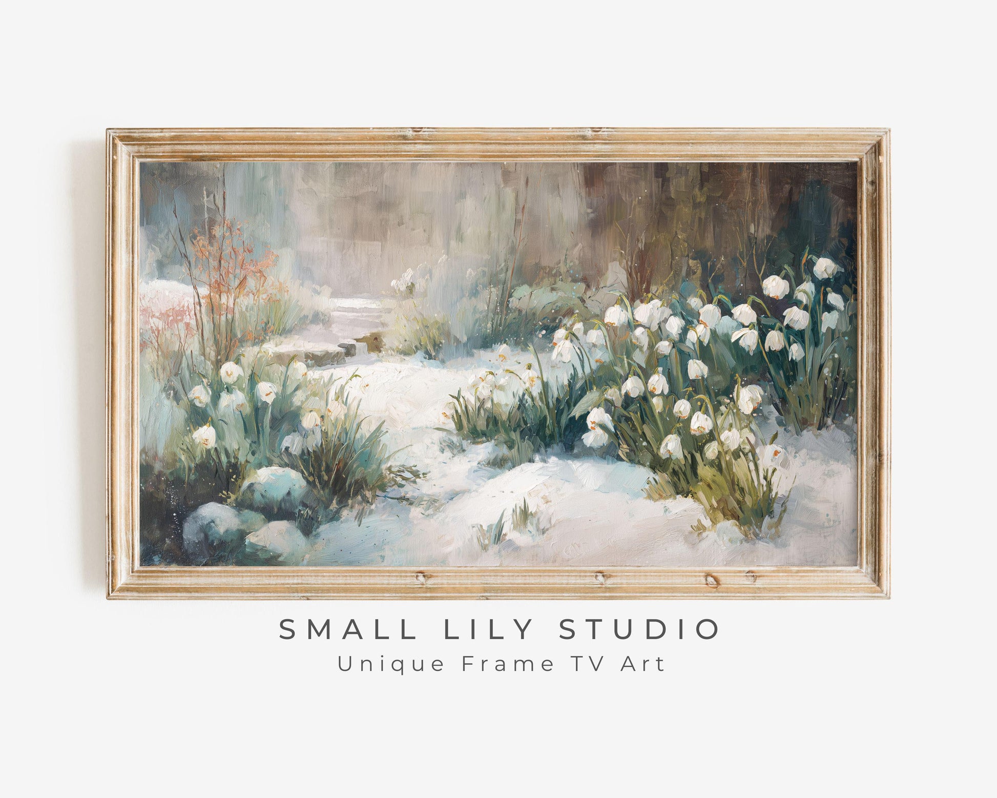FRAME TV art Snow Drop Flowers, Samsung Frame TV art Winter Floral Landscape, Vintage Style Painting Garden in Snow | TV1087