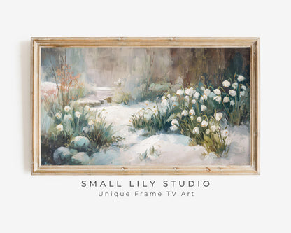 FRAME TV art Snow Drop Flowers, Samsung Frame TV art Winter Floral Landscape, Vintage Style Painting Garden in Snow | TV1087