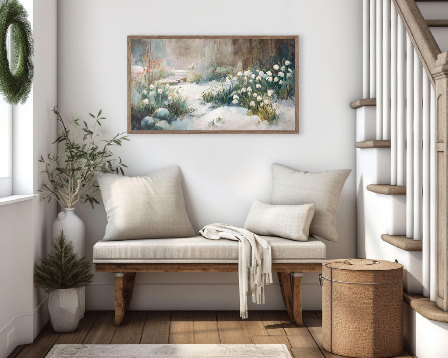 FRAME TV art Snow Drop Flowers, Samsung Frame TV art Winter Floral Landscape, Vintage Style Painting Garden in Snow | TV1087