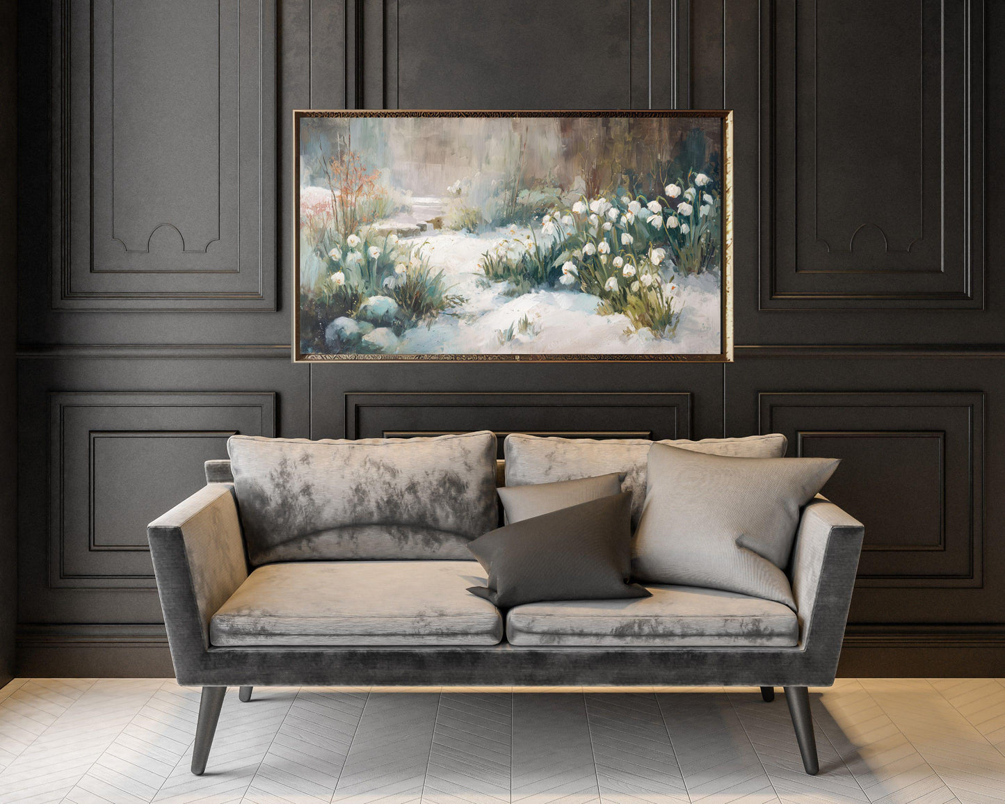 FRAME TV art Snow Drop Flowers, Samsung Frame TV art Winter Floral Landscape, Vintage Style Painting Garden in Snow | TV1087