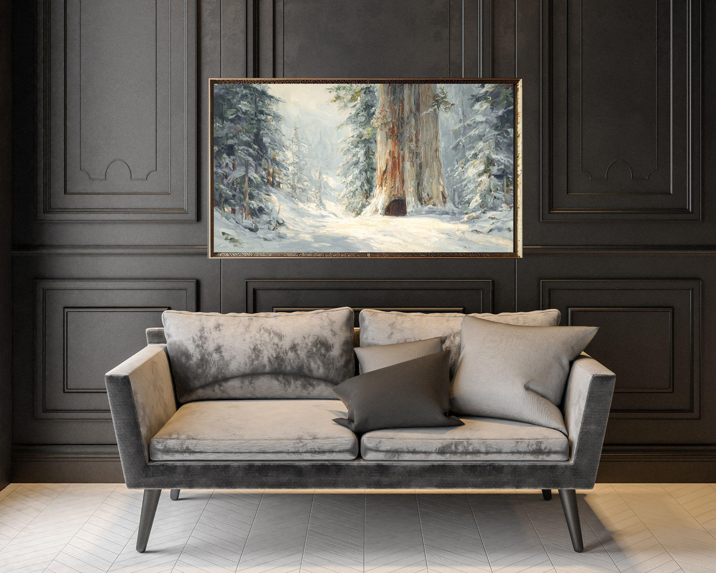 FRAME TV art Giant Tree in Snow, Samsung Frame TV art Winter Forest Landscape, Vintage Style Painting | TV1088