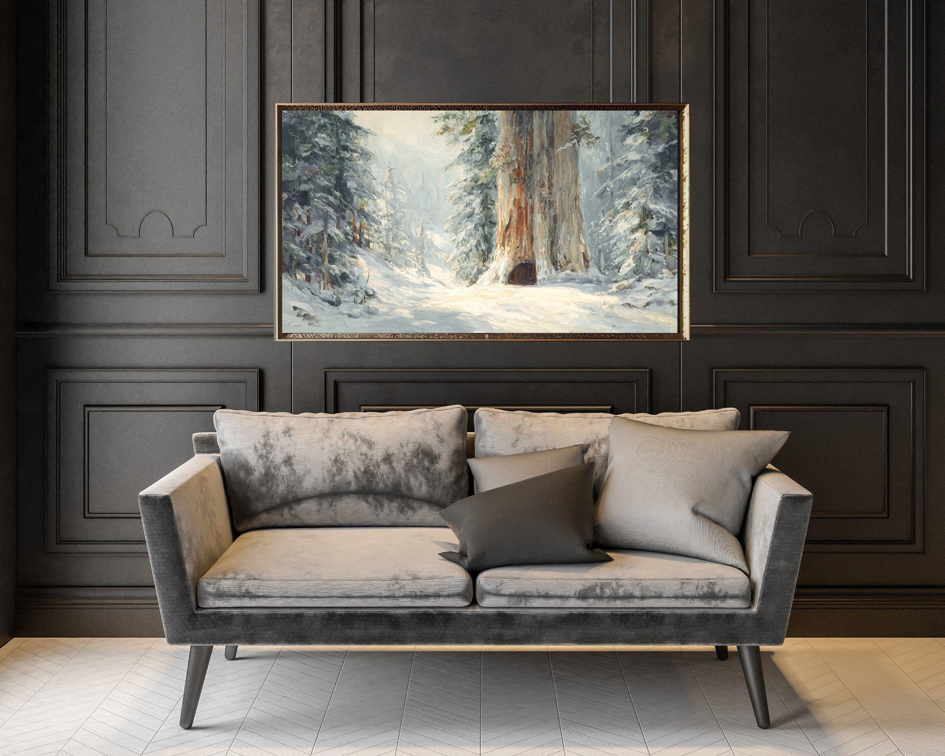 FRAME TV art Giant Tree in Snow, Samsung Frame TV art Winter Forest Landscape, Vintage Style Painting | TV1088