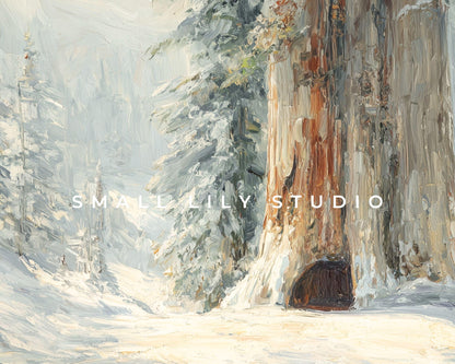 FRAME TV art Giant Tree in Snow, Samsung Frame TV art Winter Forest Landscape, Vintage Style Painting | TV1088