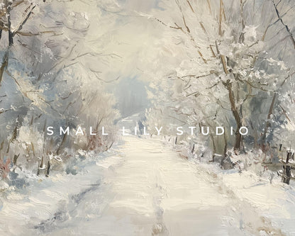 FRAME TV art Path Through Winter Trees, Samsung Frame TV art Snowy Landscape, Vintage Style Painting | TV1089