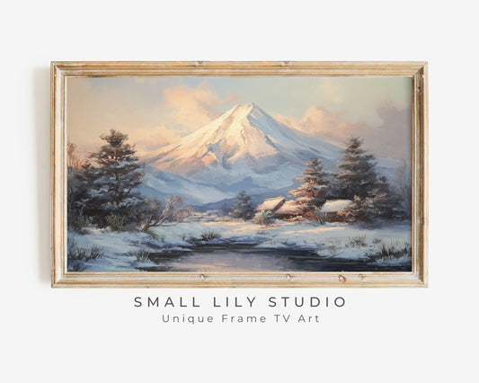 FRAME TV art Mt Fuji in Winter, Samsung Frame TV art Japanese Landscape at Dusk, Japan Vintage Style Painting | TV1091