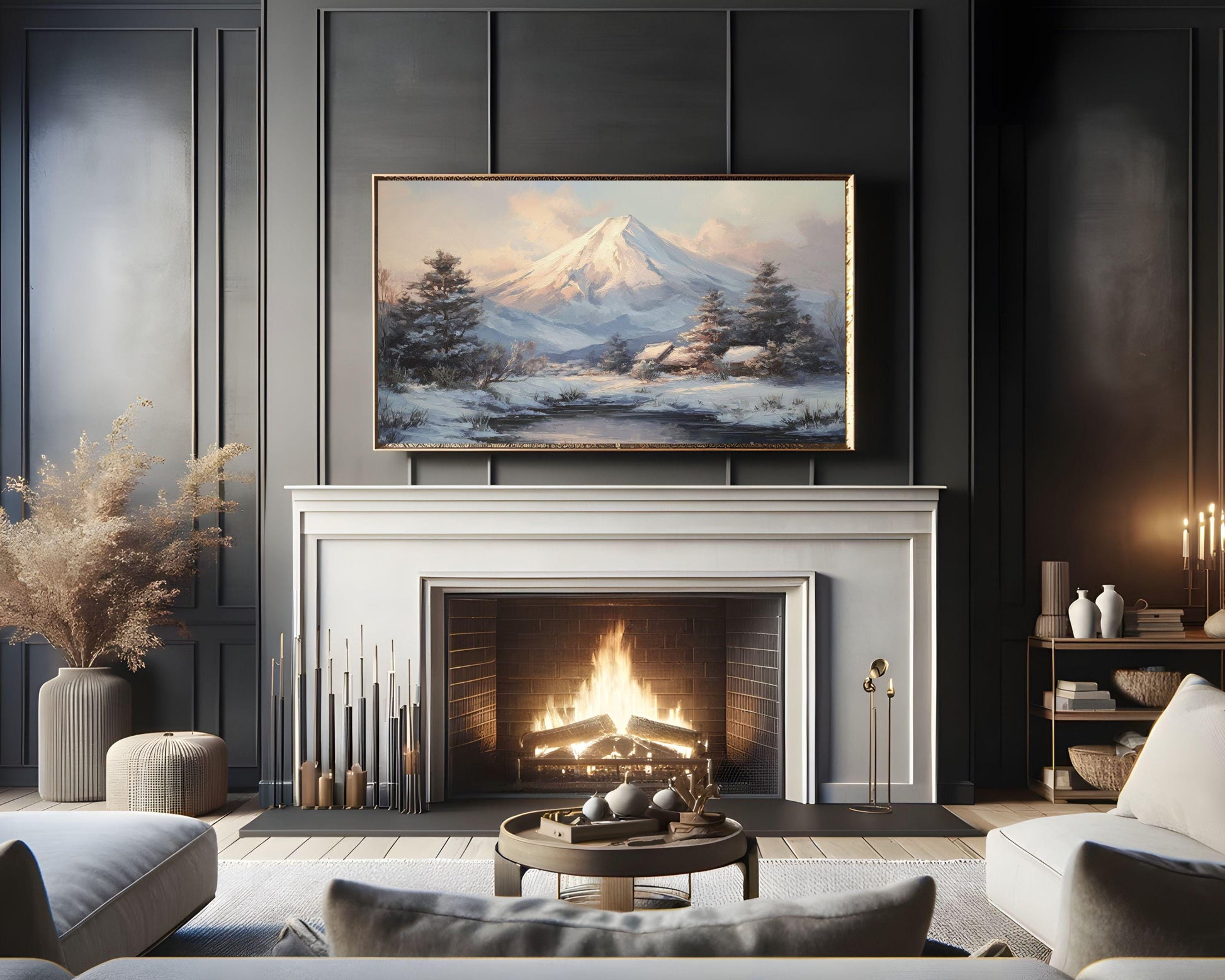 FRAME TV art Mt Fuji in Winter, Samsung Frame TV art Japanese Landscape at Dusk, Japan Vintage Style Painting | TV1091