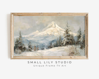 FRAME TV art Mt Hood in Winter, Samsung Frame TV art Snowy Mountain Landscape, Vintage Style Painting | TV1092