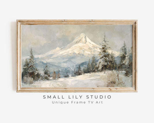 FRAME TV art Mt Hood in Winter, Samsung Frame TV art Snowy Mountain Landscape, Vintage Style Painting | TV1092