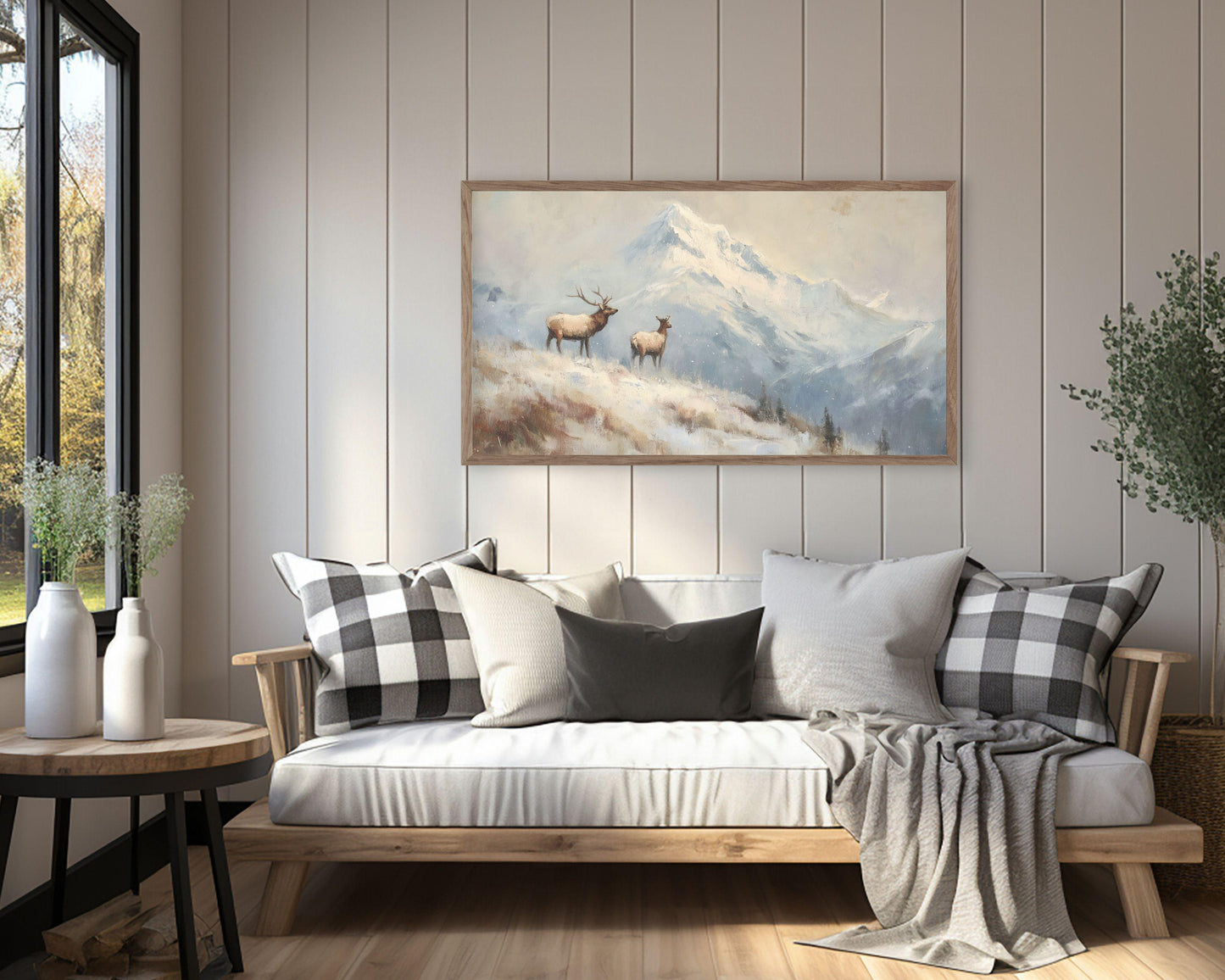 FRAME TV art Elk in Winter Landscape, Samsung Frame TV Art Vintage Style Deer Painting | TV1094