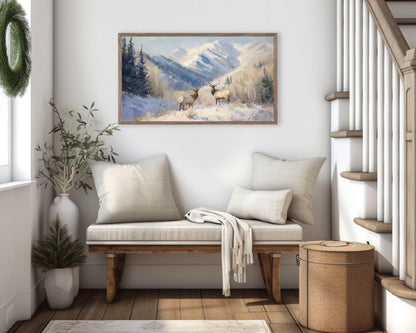 FRAME TV art Elk in Winter Landscape, Samsung Frame TV Art Vintage Style Deer Painting | TV1095