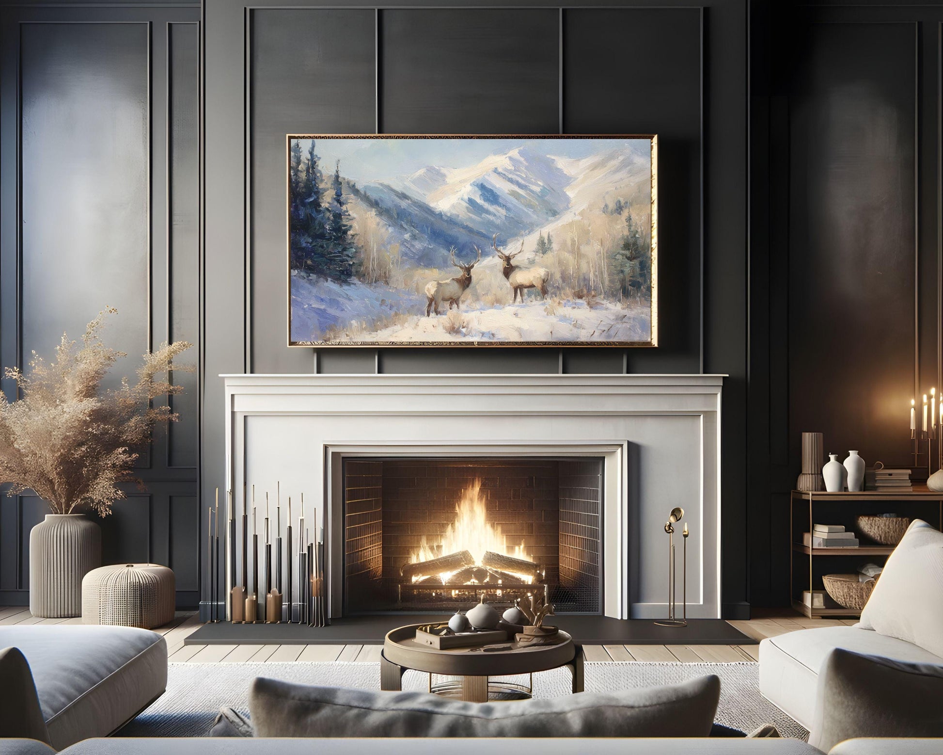 FRAME TV art Elk in Winter Landscape, Samsung Frame TV Art Vintage Style Deer Painting | TV1095