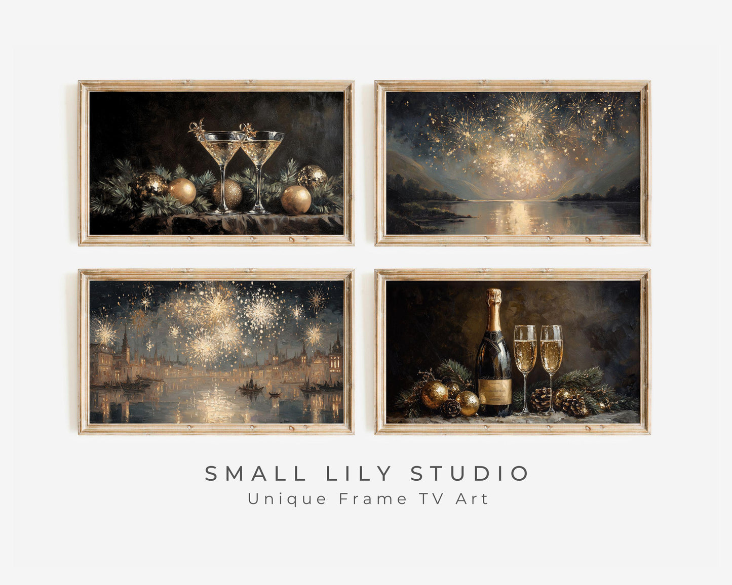 FRAME TV Art New Years Bundle of 4, Samsung Frame Tv Art Gold Fireworks, Vintage Style Tv Screensaver NYE Party & Champagne Glasses | TV1097