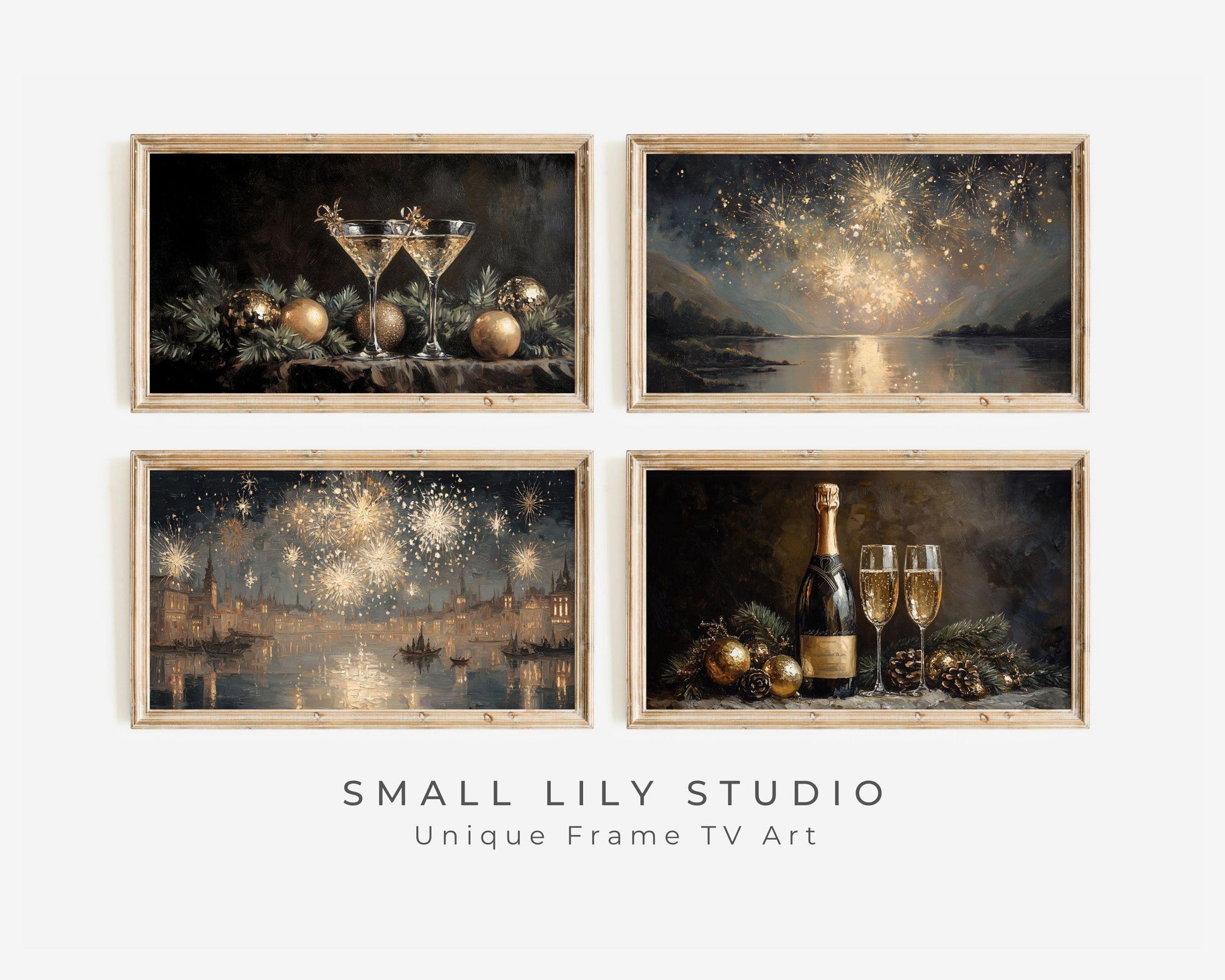 FRAME TV Art New Years Bundle of 4, Samsung Frame Tv Art Gold Fireworks, Vintage Style Tv Screensaver NYE Party & Champagne Glasses | TV1097