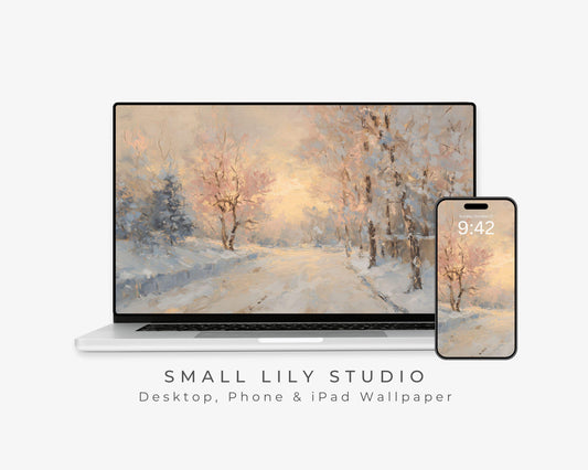 Pink Winter Desktop Wallpaper Set, Snowy Landscape Wallpaper, Aesthetic iPhone Wallpaper, iPad Background Vintage Style Painting | WS159