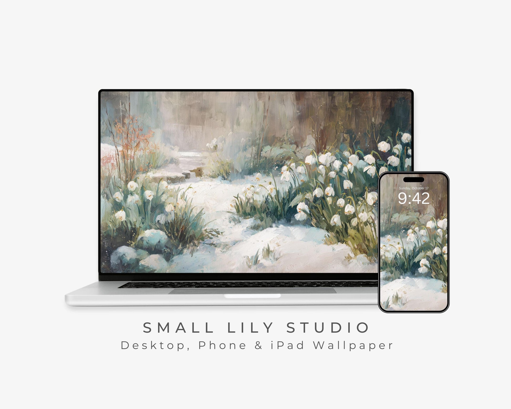 Snow Drops Desktop Wallpaper Set, Winter Garden Wallpaper, Floral iPhone Wallpaper, iPad Background Vintage Style Flowers | WS162