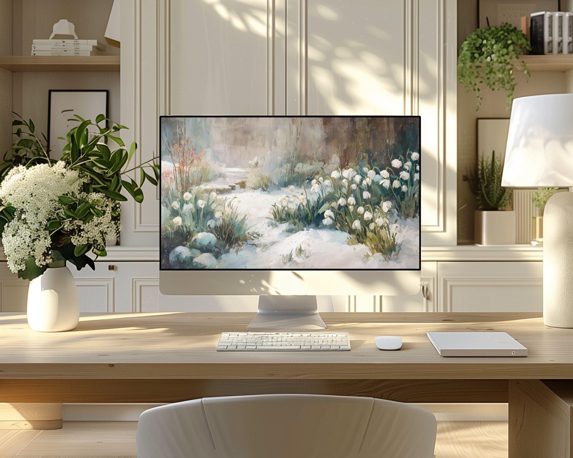 Snow Drops Desktop Wallpaper Set, Winter Garden Wallpaper, Floral iPhone Wallpaper, iPad Background Vintage Style Flowers | WS162