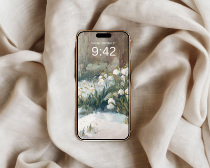 Snow Drops Desktop Wallpaper Set, Winter Garden Wallpaper, Floral iPhone Wallpaper, iPad Background Vintage Style Flowers | WS162