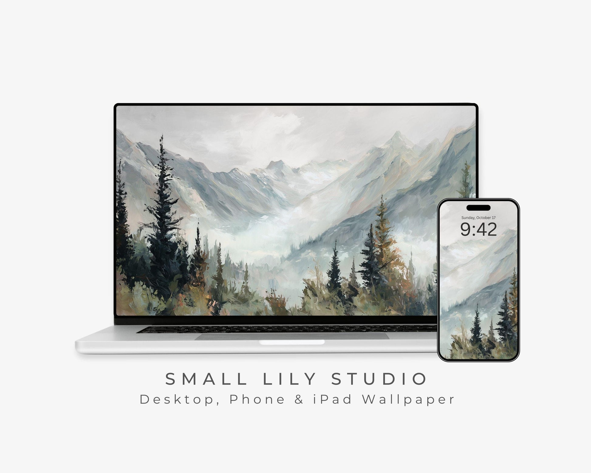 Winter Landscape Desktop Wallpaper Set, Trees and Mountains Wallpaper, Nature iPhone Wallpaper, iPad Background Vintage Style | WS164