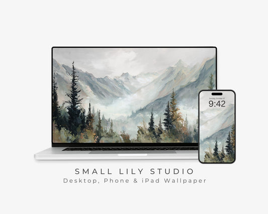 Winter Landscape Desktop Wallpaper Set, Trees and Mountains Wallpaper, Nature iPhone Wallpaper, iPad Background Vintage Style | WS164