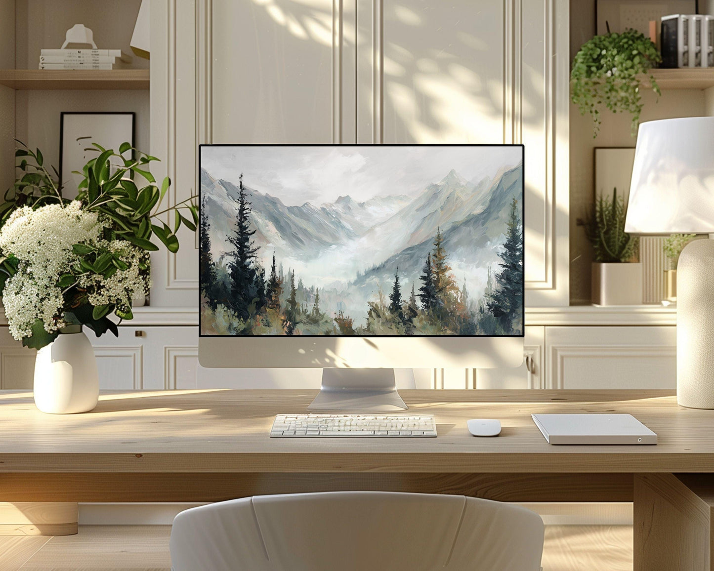 Winter Landscape Desktop Wallpaper Set, Trees and Mountains Wallpaper, Nature iPhone Wallpaper, iPad Background Vintage Style | WS164