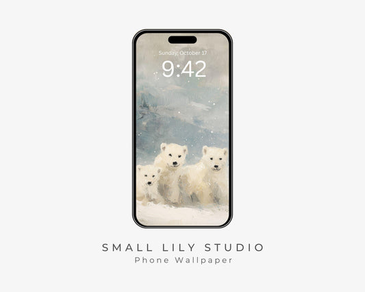 Polar Bears Phone Wallpaper, Winter iPhone Wallpaper, Cute Animals Samsung Galaxy Phone Background, Vintage Style Art | WP160