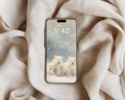 Polar Bears Phone Wallpaper, Winter iPhone Wallpaper, Cute Animals Samsung Galaxy Phone Background, Vintage Style Art | WP160