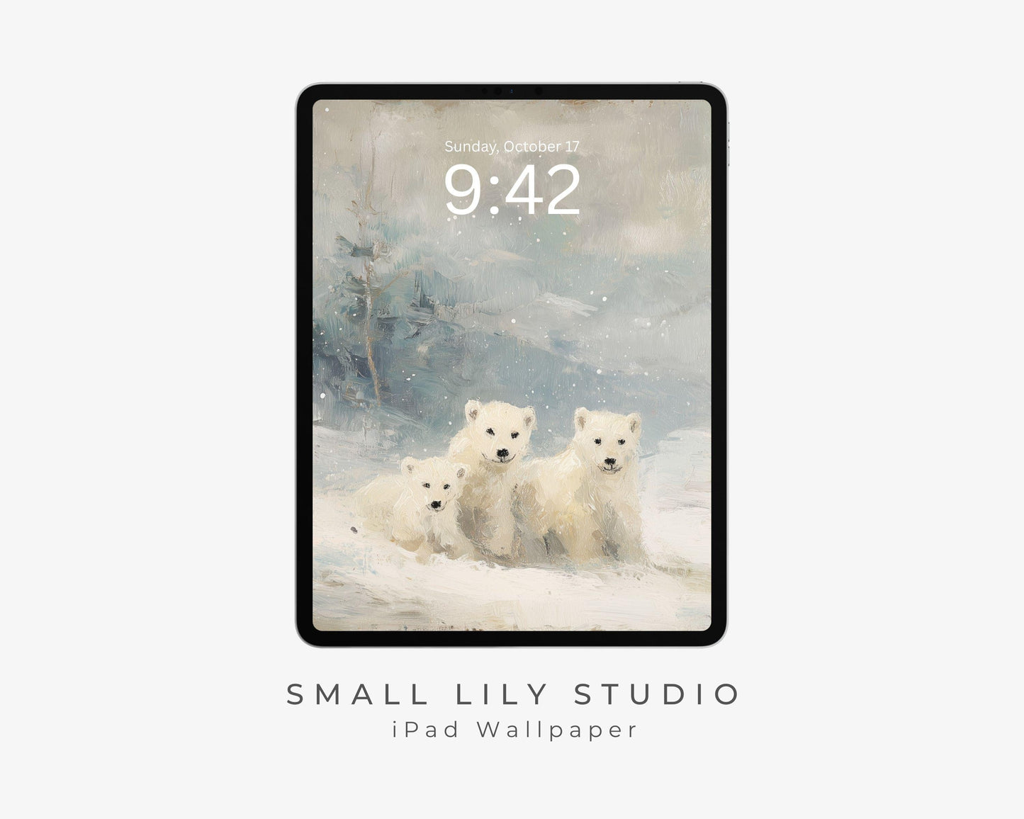 Polar Bears iPad Wallpaper, Winter iPad Background, Cute Animals Tablet Wallpaper, Vintage Style Painting | WT160