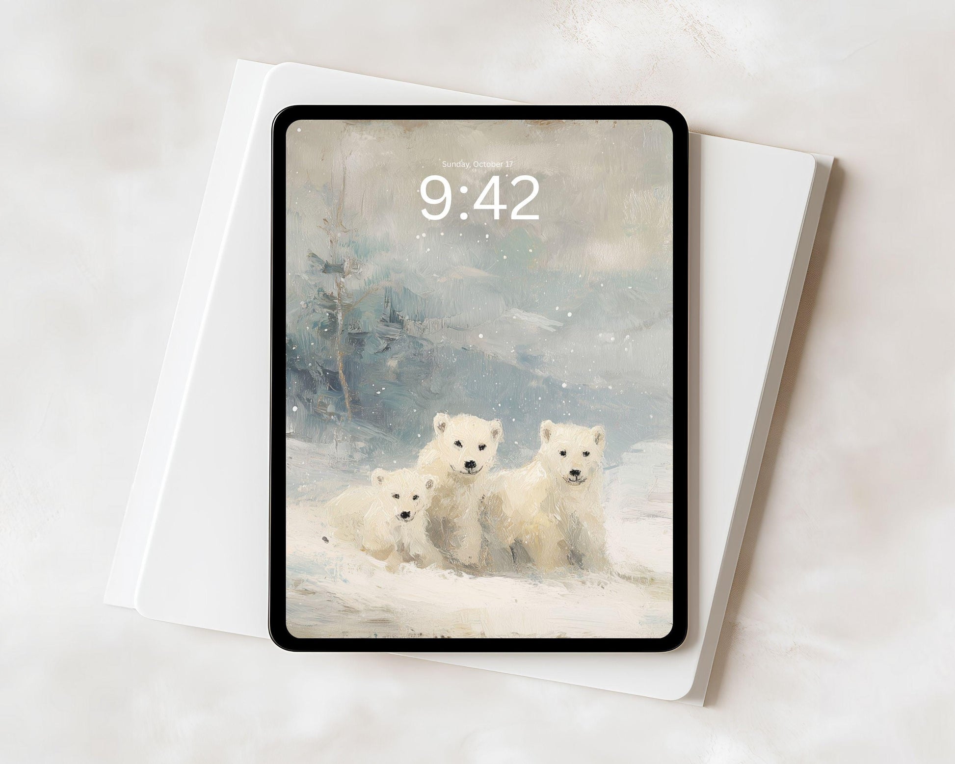 Polar Bears iPad Wallpaper, Winter iPad Background, Cute Animals Tablet Wallpaper, Vintage Style Painting | WT160