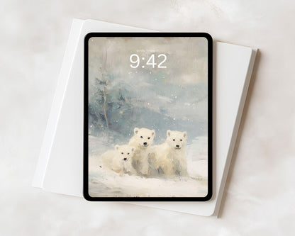 Polar Bears iPad Wallpaper, Winter iPad Background, Cute Animals Tablet Wallpaper, Vintage Style Painting | WT160