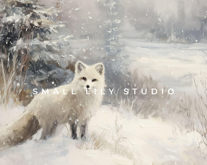 Arctic Fox Desktop Wallpaper, Winter Macbook Wallpaper, Cute Animal Laptop Background, Vintage Style Painting | WD161
