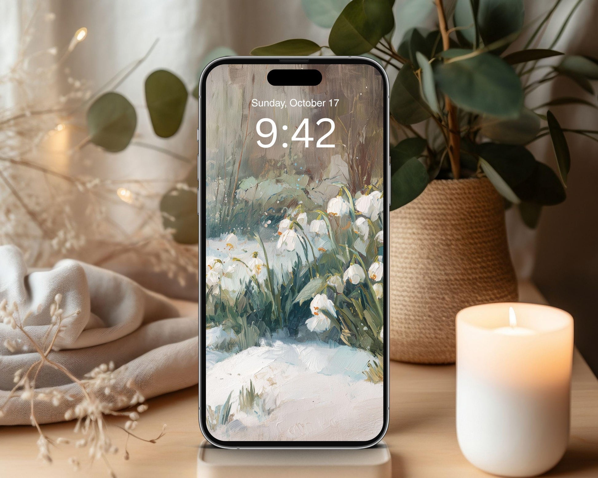 Snow Drops Phone Wallpaper, Winter Garden iPhone Wallpaper, Floral Samsung Galaxy Phone Background, Vintage Style Flowers | WP162