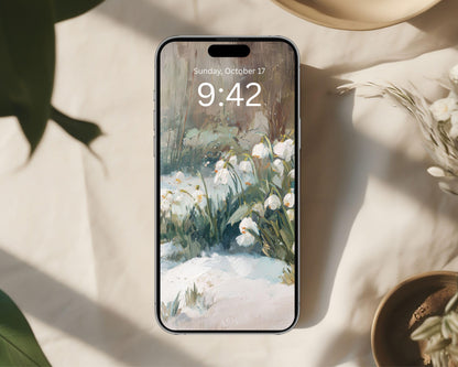 Snow Drops Phone Wallpaper, Winter Garden iPhone Wallpaper, Floral Samsung Galaxy Phone Background, Vintage Style Flowers | WP162