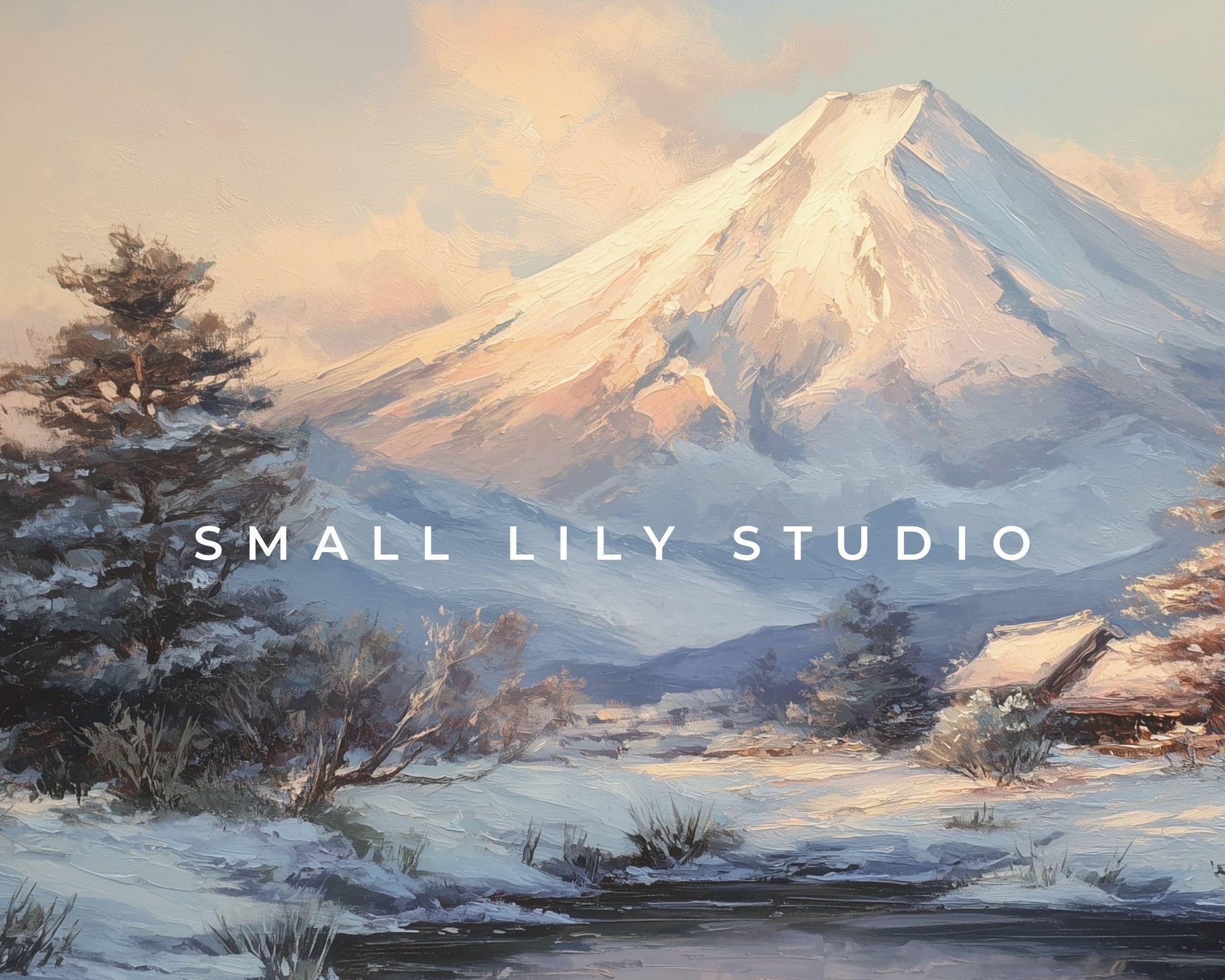 Mt Fuji Japan Desktop Wallpaper, Winter Landscape Macbook Wallpaper, Pink Blue Laptop Background, Vintage Style Painting | WD163
