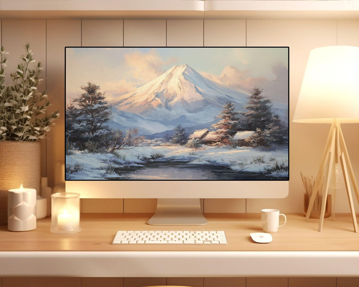 Mt Fuji Japan Desktop Wallpaper, Winter Landscape Macbook Wallpaper, Pink Blue Laptop Background, Vintage Style Painting | WD163